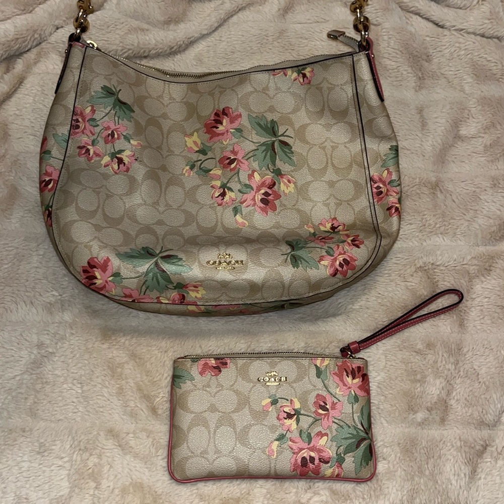 Coach purse and wallet set, tan with yellow and pink flowers. Great condition